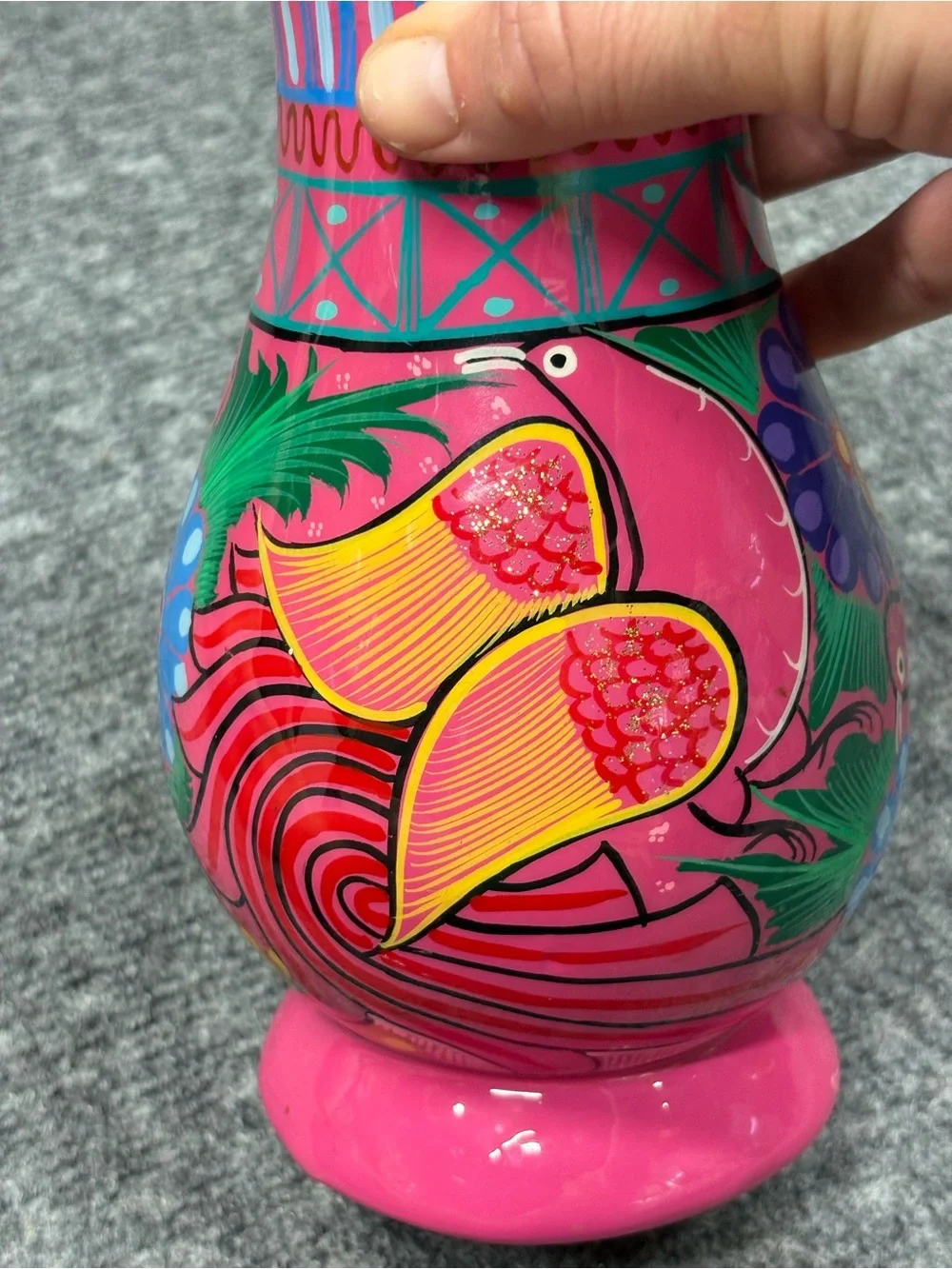 Hand Painted Pink Floral Bird Clay Folk Art Vase Made in Mexico